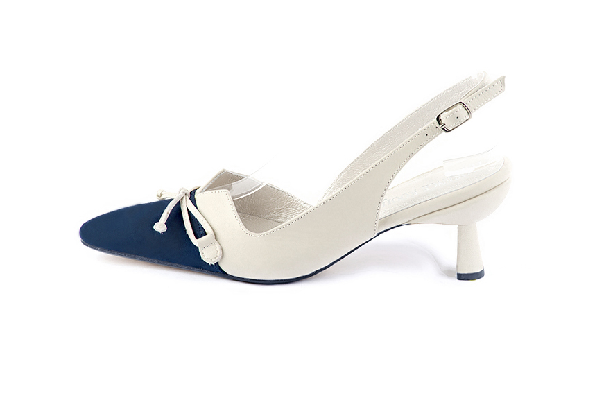 French elegance and refinement for these navy blue and off white dress slingback shoes, with a knot, 
                available in many subtle leather and colour combinations. "The pretty French" spirit of this beautiful pump will accompany your steps nicely and comfortably.
To be personalized or not, with your materials and colors.  
                Matching clutches for parties, ceremonies and weddings.   
                You can customize these shoes to perfectly match your tastes or needs, and have a unique model.  
                Choice of leathers, colours, knots and heels. 
                Wide range of materials and shades carefully chosen.  
                Rich collection of flat, low, mid and high heels.  
                Small and large shoe sizes - Florence KOOIJMAN